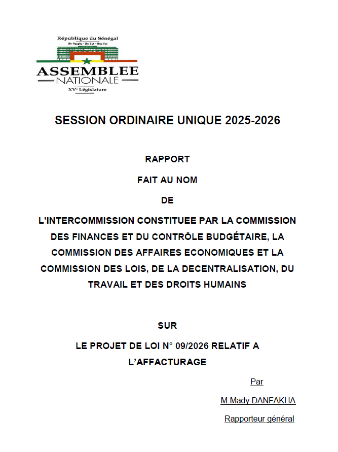 Rapport projet de loi n°09/2026 relatif à l'affacturage – Intercommission Assemblée nationale du Sénégal
