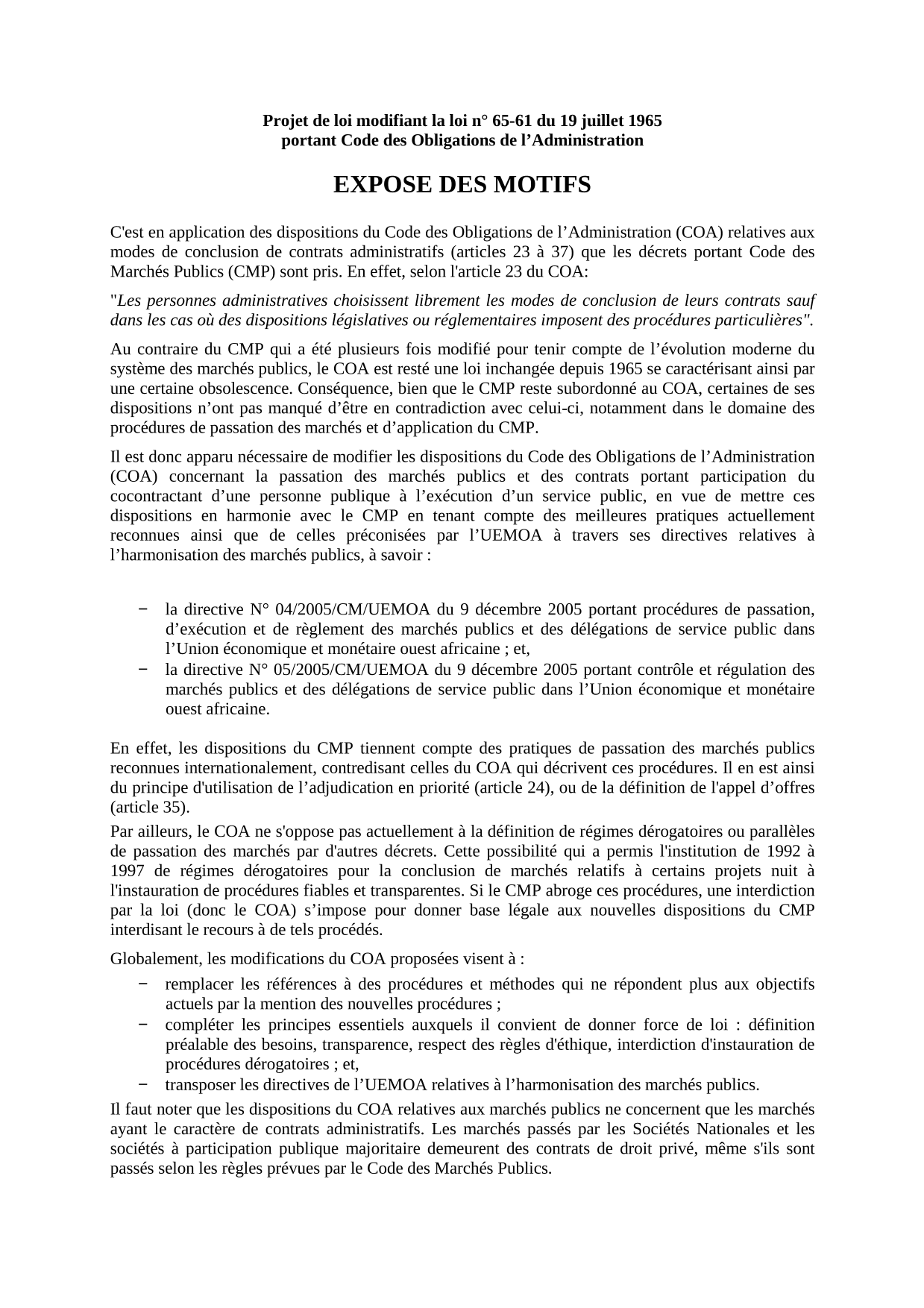 Projet de loi modifiant la loi n° 65-61 du 19 juillet 1965 portant Code des obligations de l’administration pour l’aligner sur le Code des marchés publics – État du Sénégal