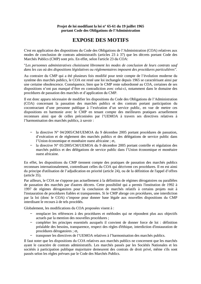 Projet de loi modifiant la loi n° 65-61 du 19 juillet 1965 portant Code des obligations de l’administration pour l’aligner sur le Code des marchés publics – État du Sénégal