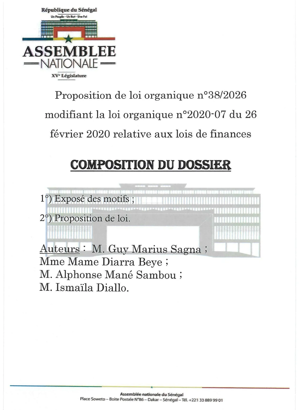 Proposition de loi organique n°38/2026 modifiant la loi organique n°2020-07 relative aux lois de finances - Assemblée nationale du Sénégal