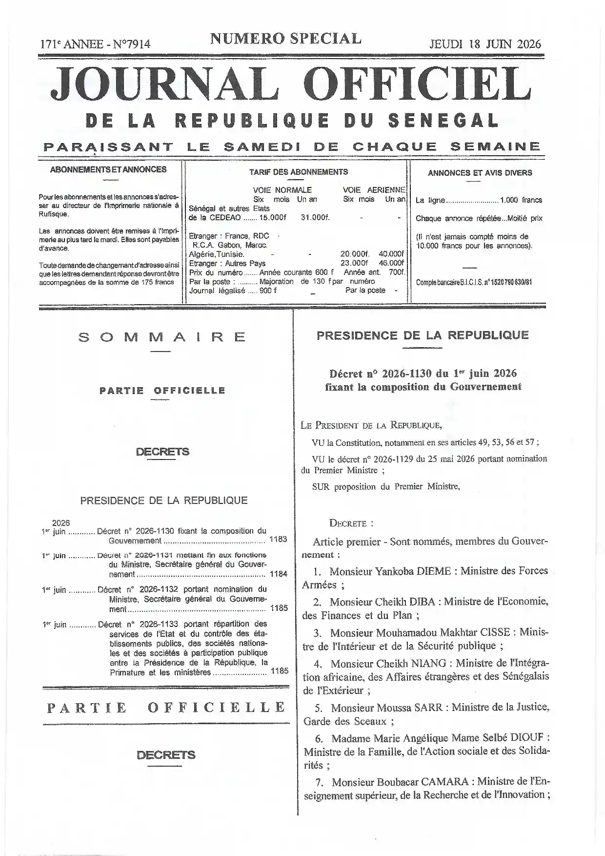 Journal Officiel N°7914 du 18 juin 2026 - République du Sénégal