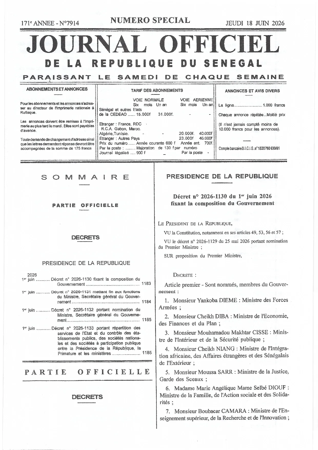 Journal Officiel N°7914 du 18 juin 2026 - République du Sénégal 