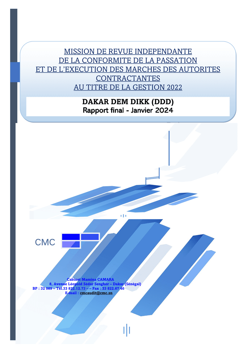 Rapport d’audit de conformité des marchés publics de Dakar Dem Dikk pour la gestion 2022 – Cabinet Mamina CAMARA – ARCOP