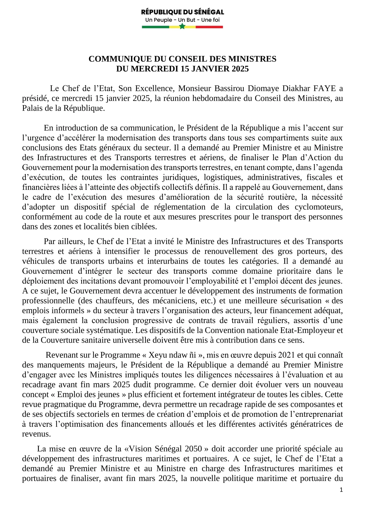 Conseil des ministres du 15 janvier 2025