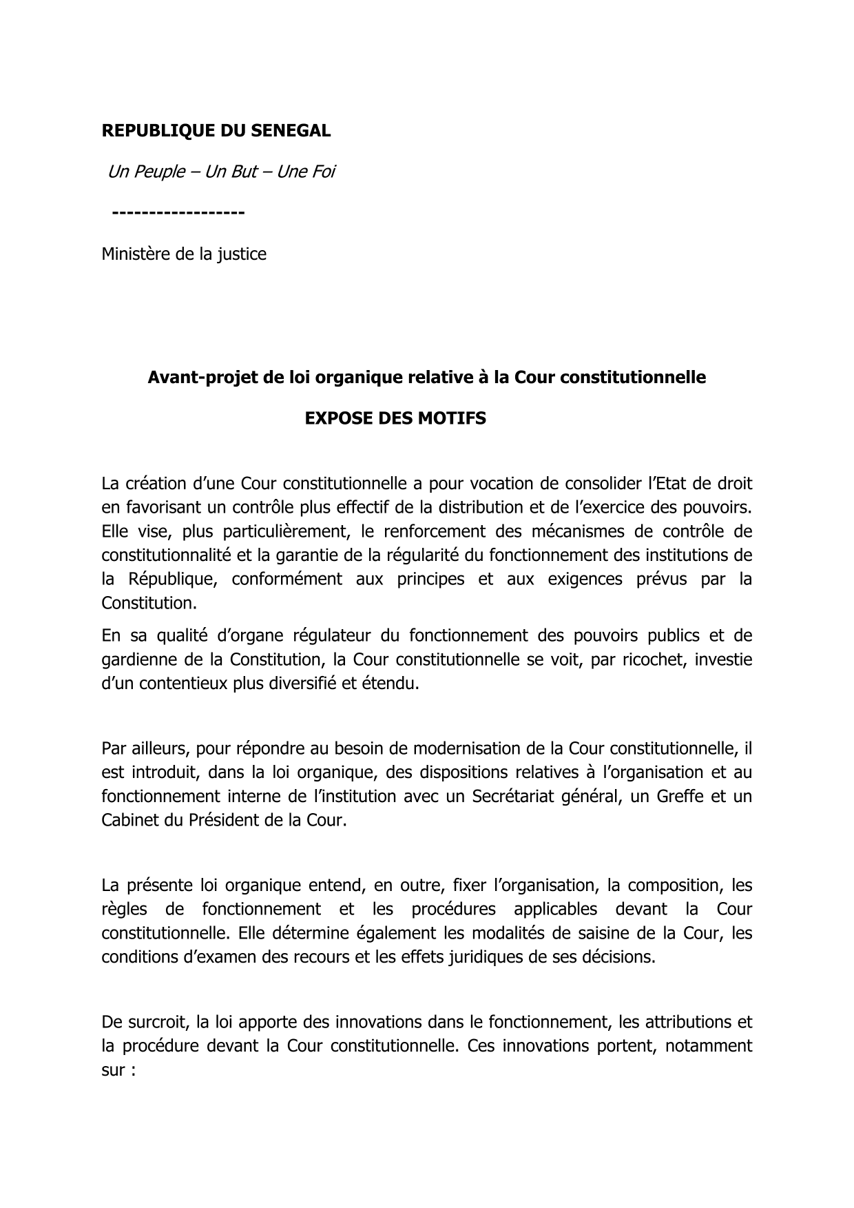 Avant-projet de loi organique relative à la Cour constitutionnelle – Ministère de la Justice (Sénégal)