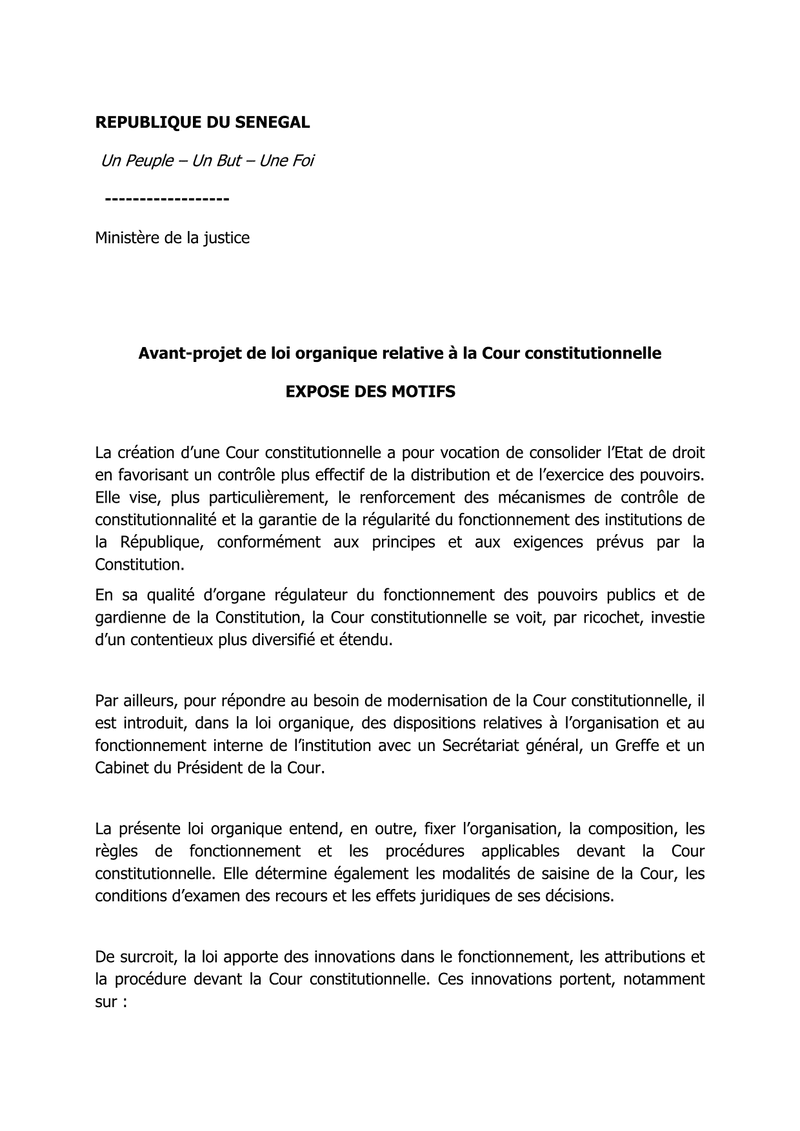 Avant-projet de loi organique relative à la Cour constitutionnelle – Ministère de la Justice (Sénégal)