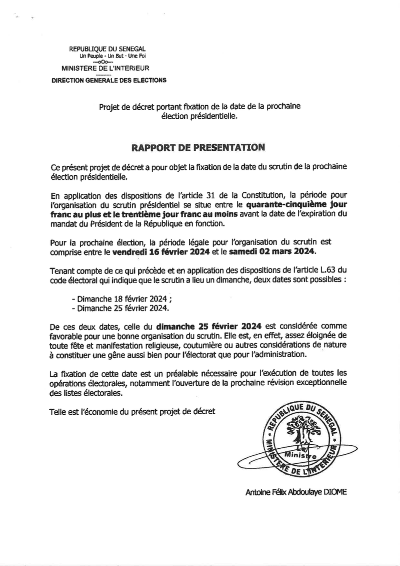 Décret n° 2023-339 fixant la date de l’élection présidentielle du 25 février 2024 au Sénégal – Président de la République du Sénégal