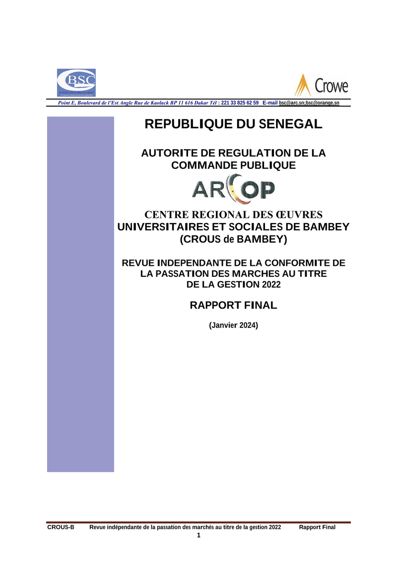 Rapport final d’audit de conformité des marchés publics 2022 du Centre régional des œuvres universitaires et sociales de Bambey – ARCOP