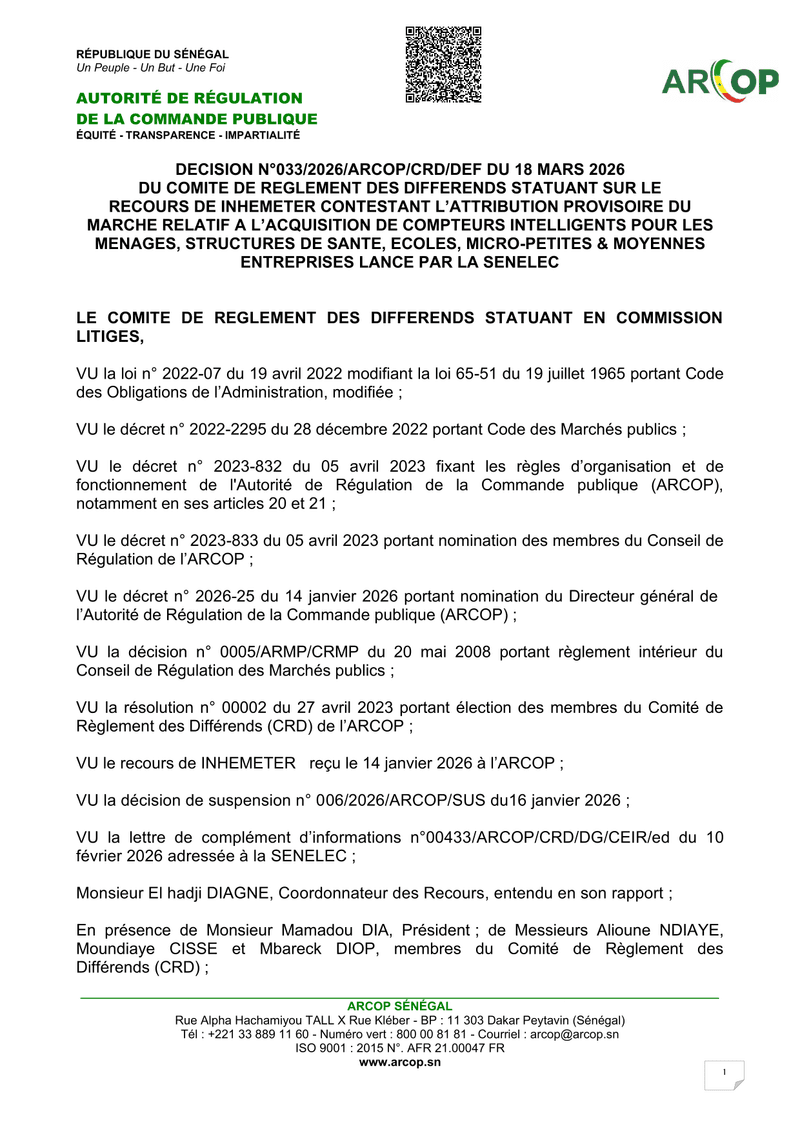 Décision n°033/2026/ARCOP/CRD/DEF sur le recours de INHEMETER relatif à l’attribution provisoire d’un marché de compteurs intelligents de la SENELEC au Sénégal – ARCOP