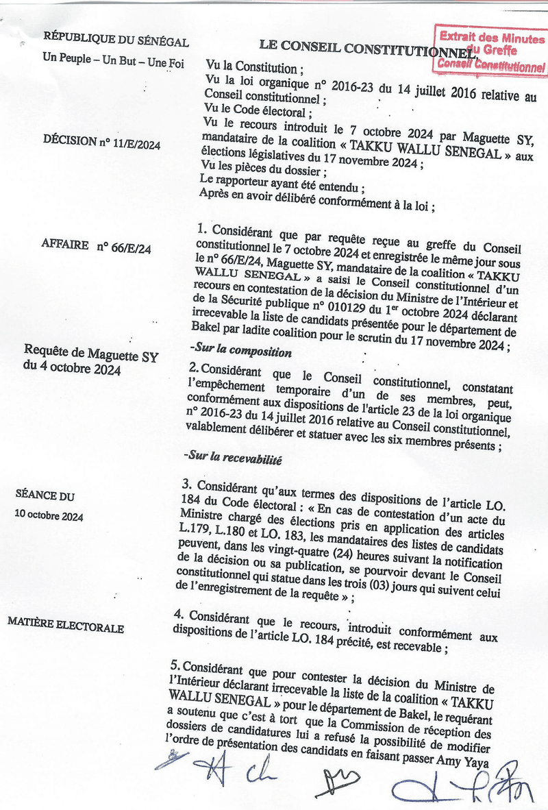 Décision n° 11/E/2024 du 10 octobre 2024 rejetant la requête de Maguette SY sur l’irrecevabilité de la liste de candidats de Bakel – Conseil constitutionnel du Sénégal
