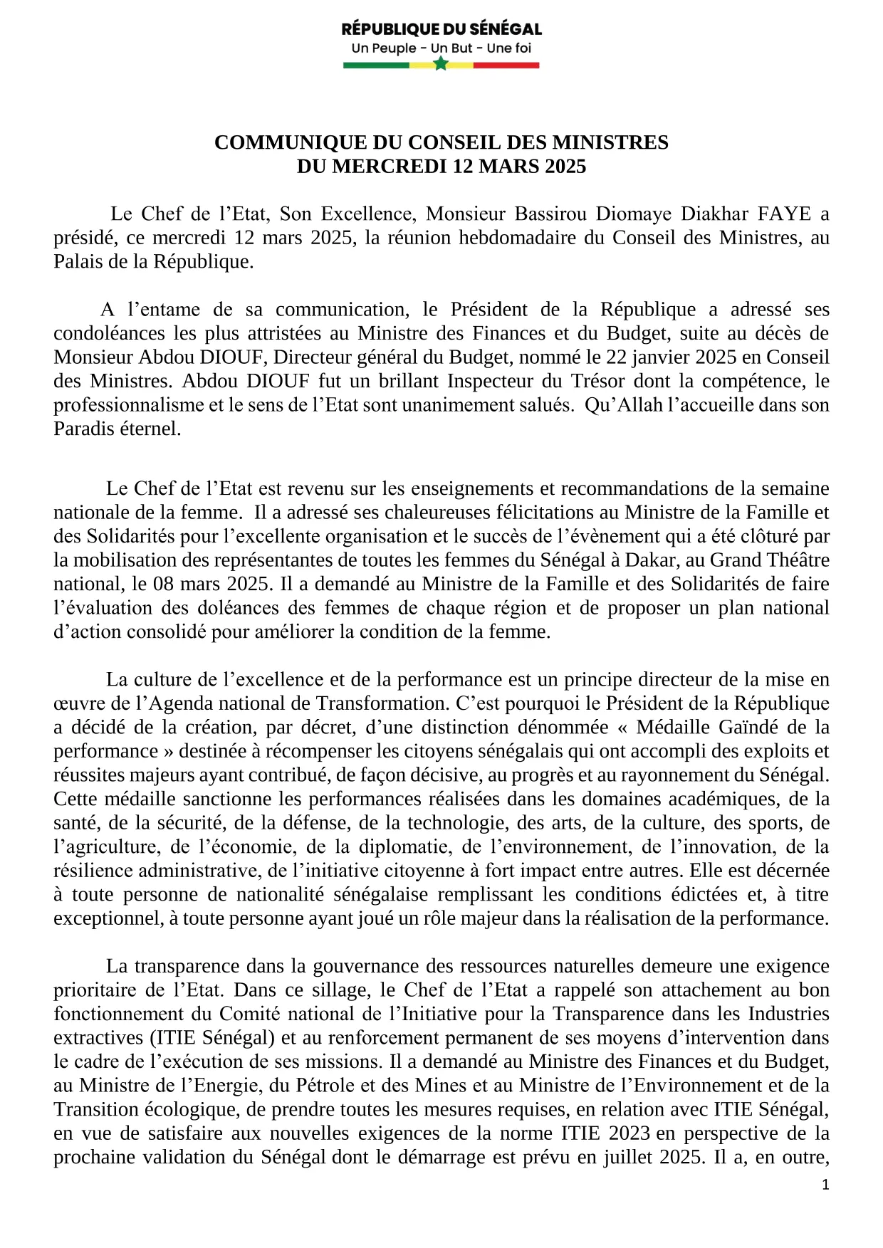 Conseil des ministres du 12 mars 2025