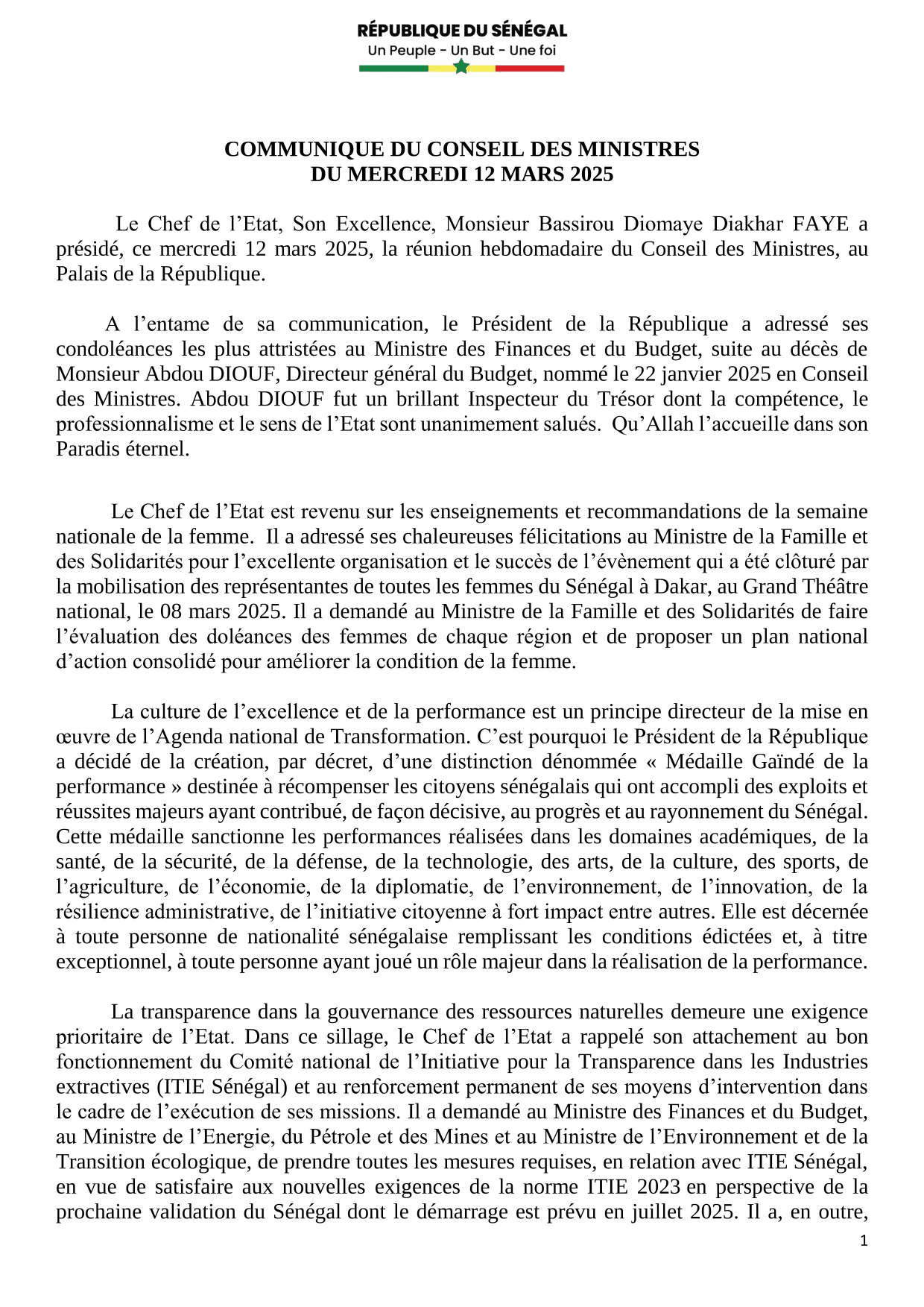 Conseil des ministres du 12 mars 2025