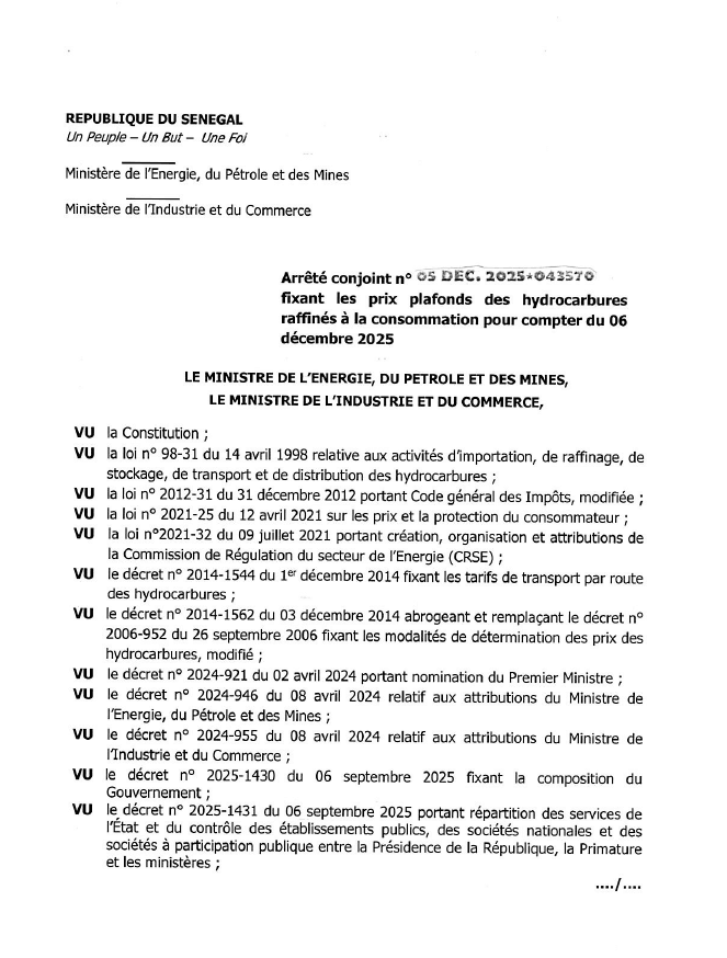 Arrêté N° 043570 sur les prix plafonds des hydrocarbures