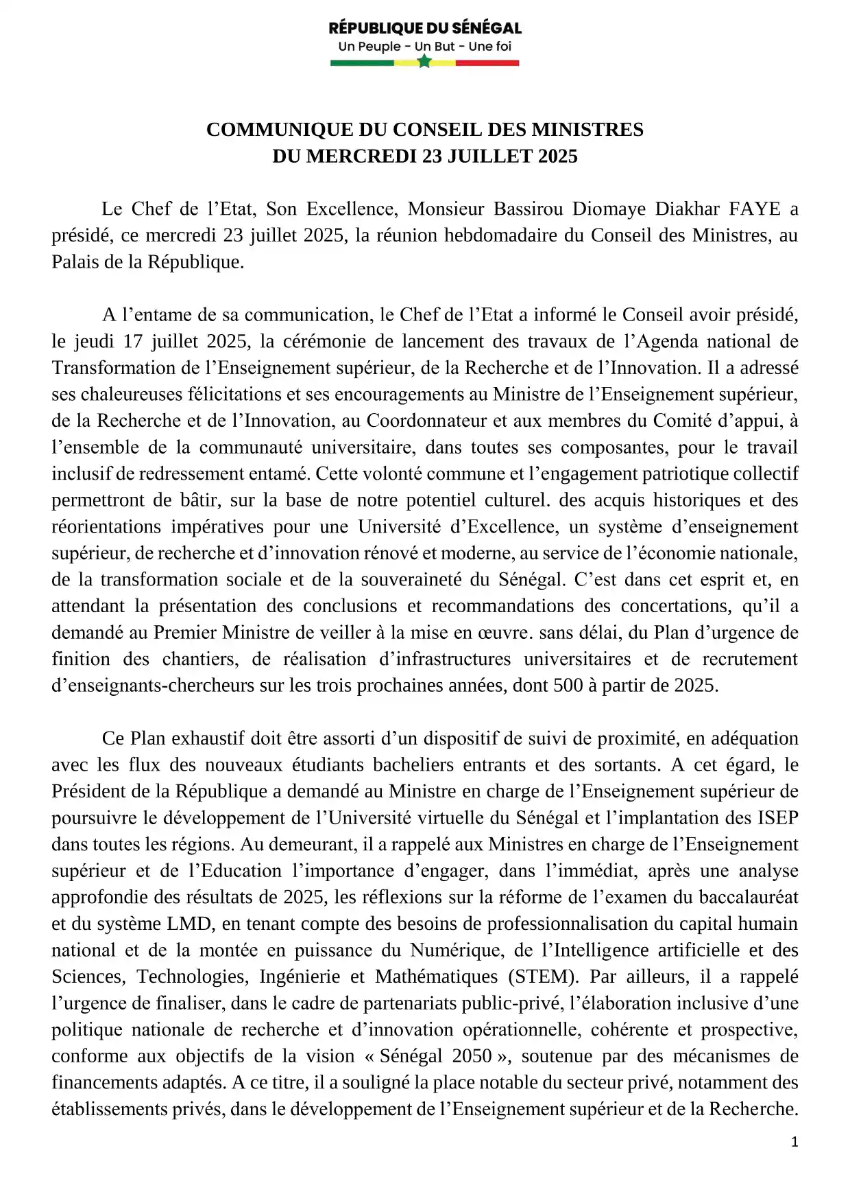 Conseil des ministres du 23 Juillet 2025
