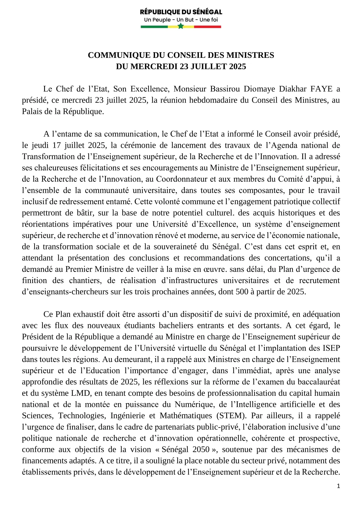 Conseil des ministres du 23 Juillet 2025
