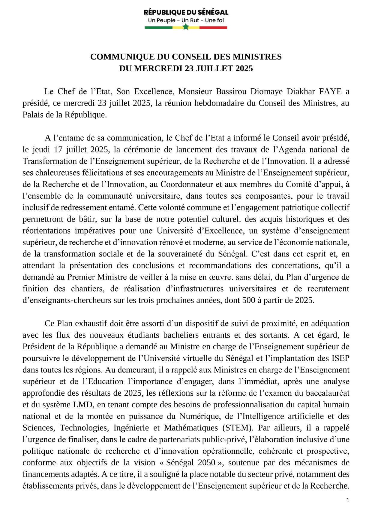 Conseil des ministres du 23 Juillet 2025