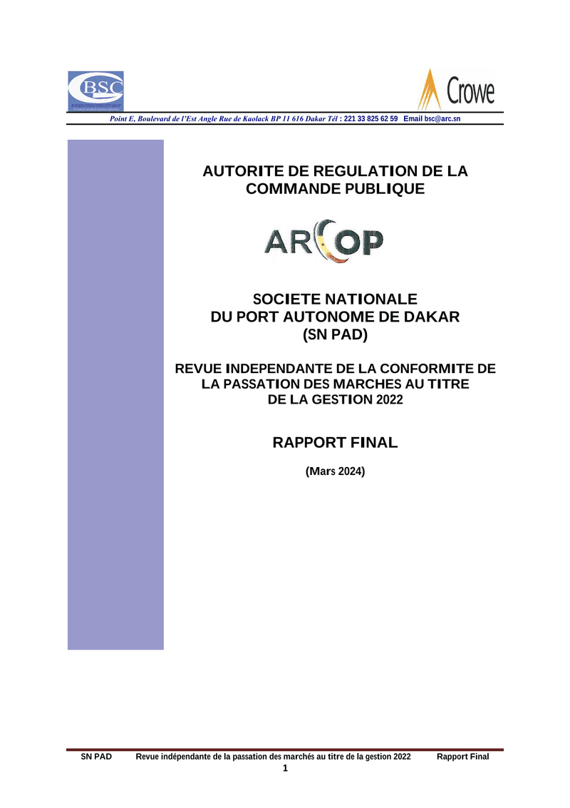 Rapport final d’audit de conformité du 20 mars 2024 sur la passation des marchés publics 2022 de la Société nationale du Port autonome de Dakar – ARCOP
