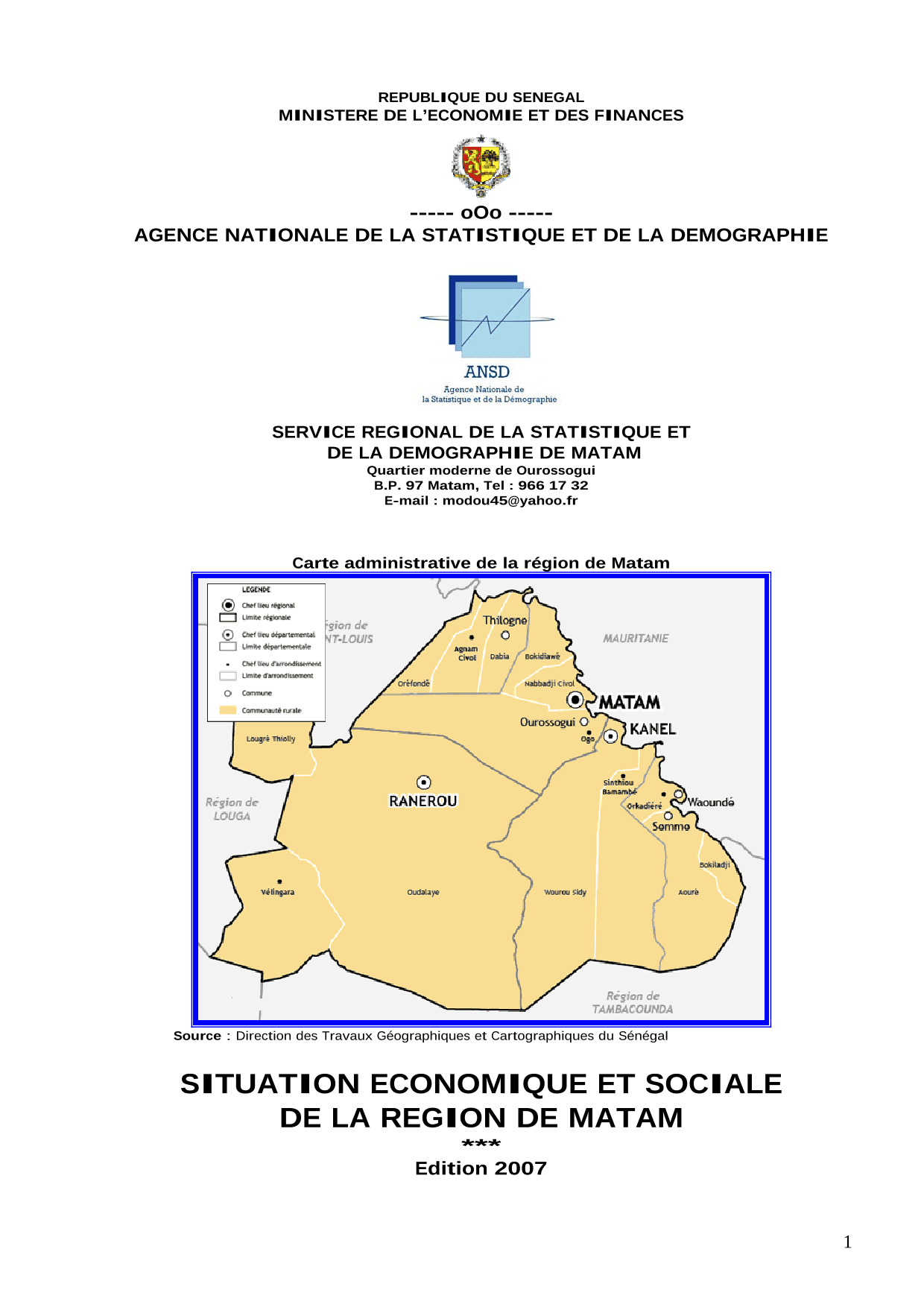 Situation économique et sociale (SES) de la région de Matam 2007 – ANSD