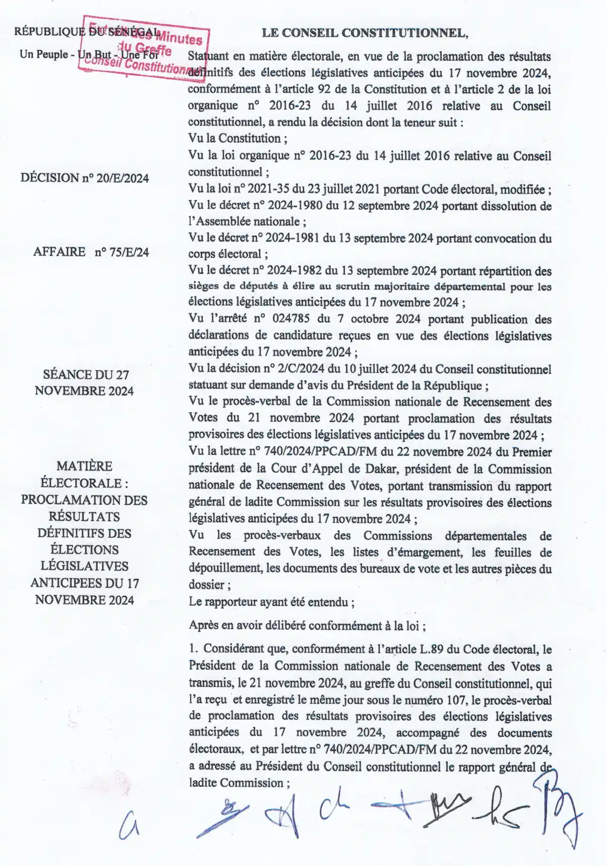 Aperçu Décision n° 20/E/2024 portant proclamation des résultats définitifs des élections législatives anticipées du 17 novembre 2024 au Sénégal – Conseil constitutionnel