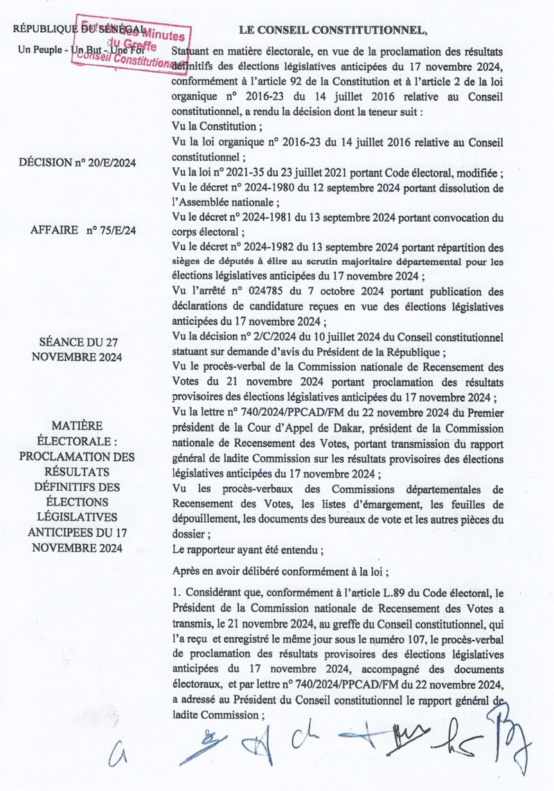 Décision n° 20/E/2024 portant proclamation des résultats définitifs des élections législatives anticipées du 17 novembre 2024 au Sénégal – Conseil constitutionnel