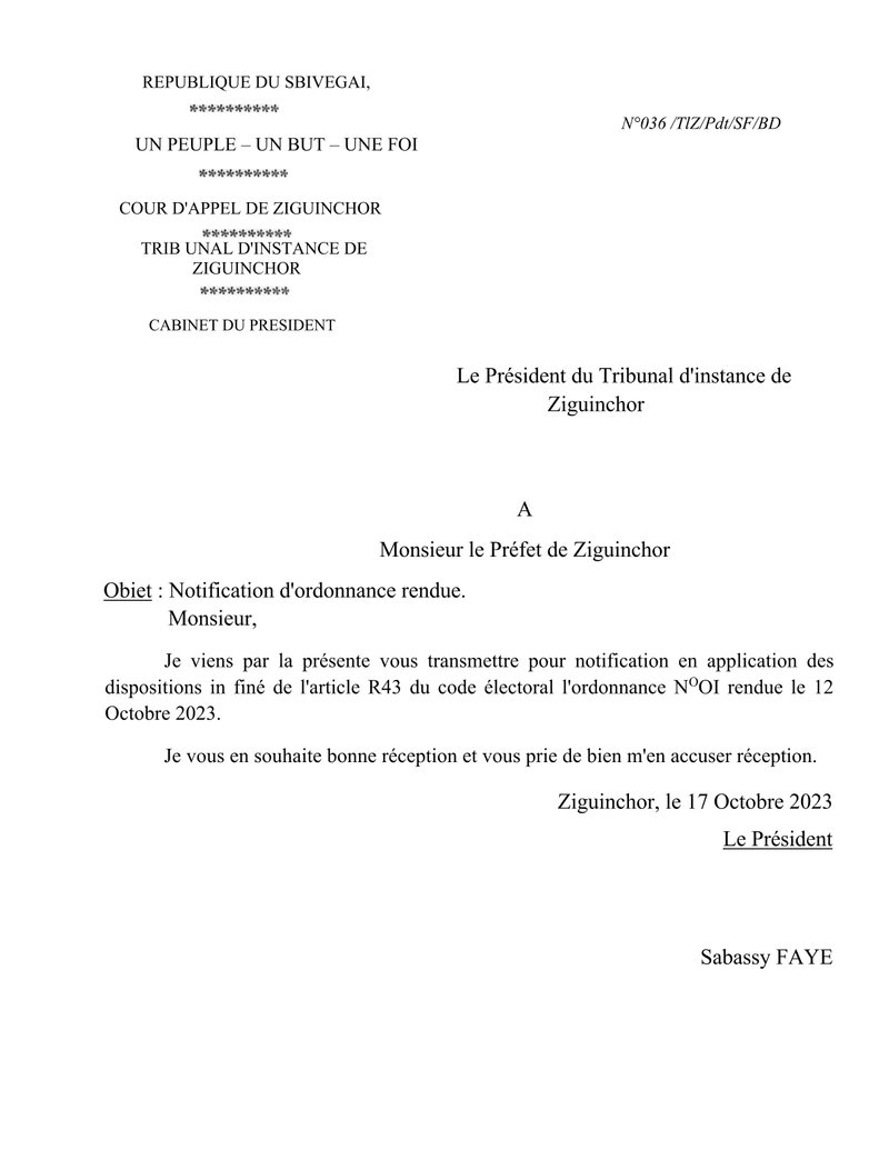 Ordonnance n°001/2023 du 12 octobre 2023 relative à la radiation des listes électorales d’Ousmane Sonko à Ziguinchor – Tribunal d’instance de Ziguinchor