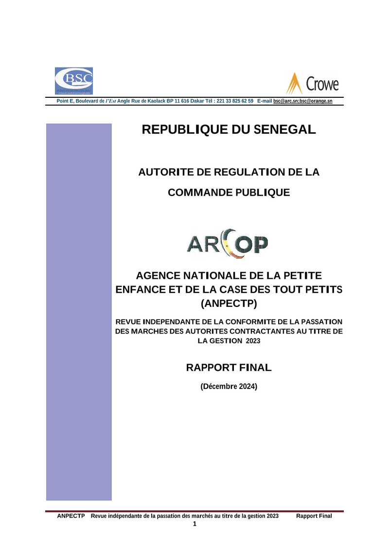 Revue indépendante des marchés publics 2023 de l’Agence nationale de la petite enfance et de la case des tout-petits (ANPECTP) – ARCOP