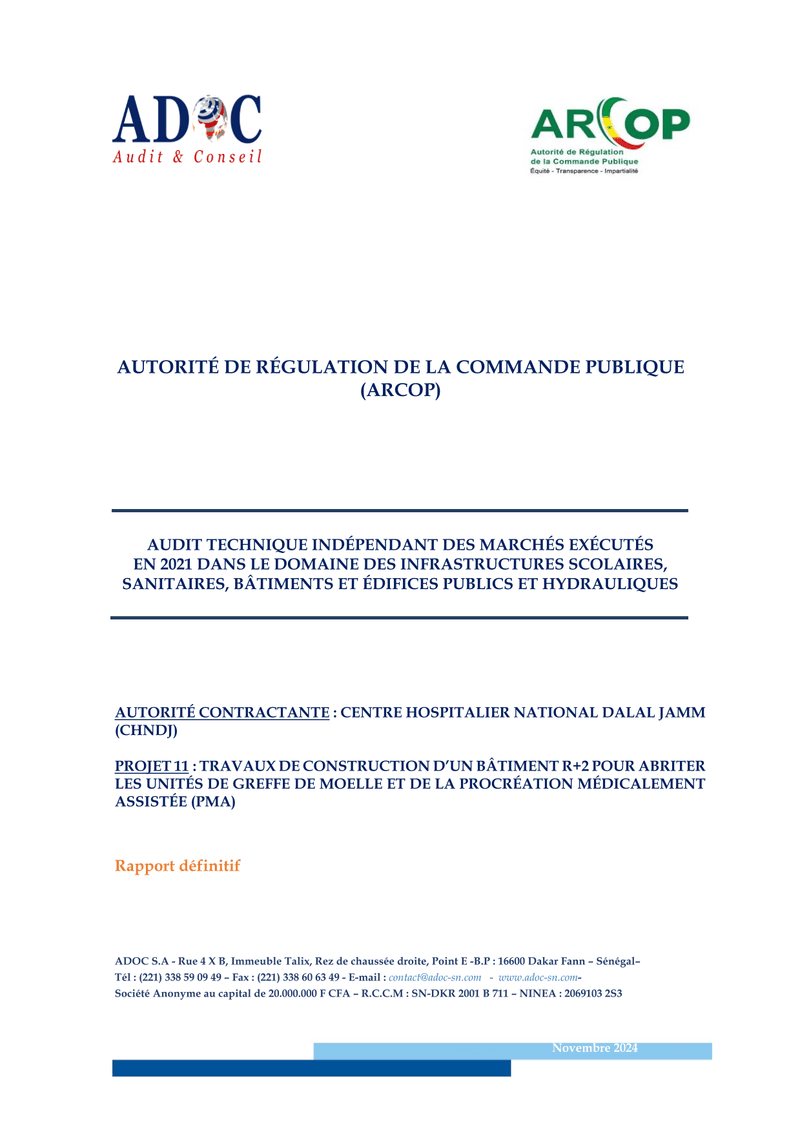 Audit technique du bâtiment R+2 Greffe de moelle et PMA du CHNDJ à Guédiawaye – ARCOP