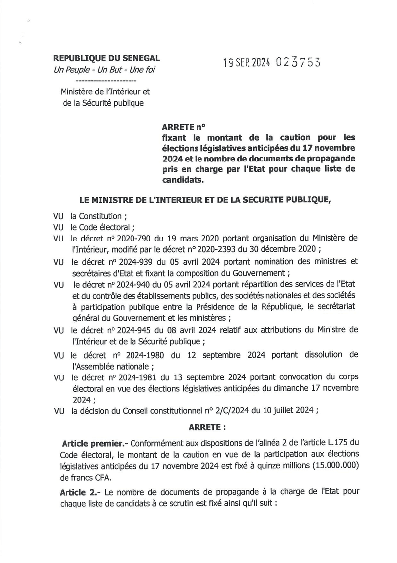 Arrêté fixant la caution et les documents de propagande des élections législatives anticipées du 17 novembre 2024 – Ministère de l'Intérieur et de la Sécurité publique