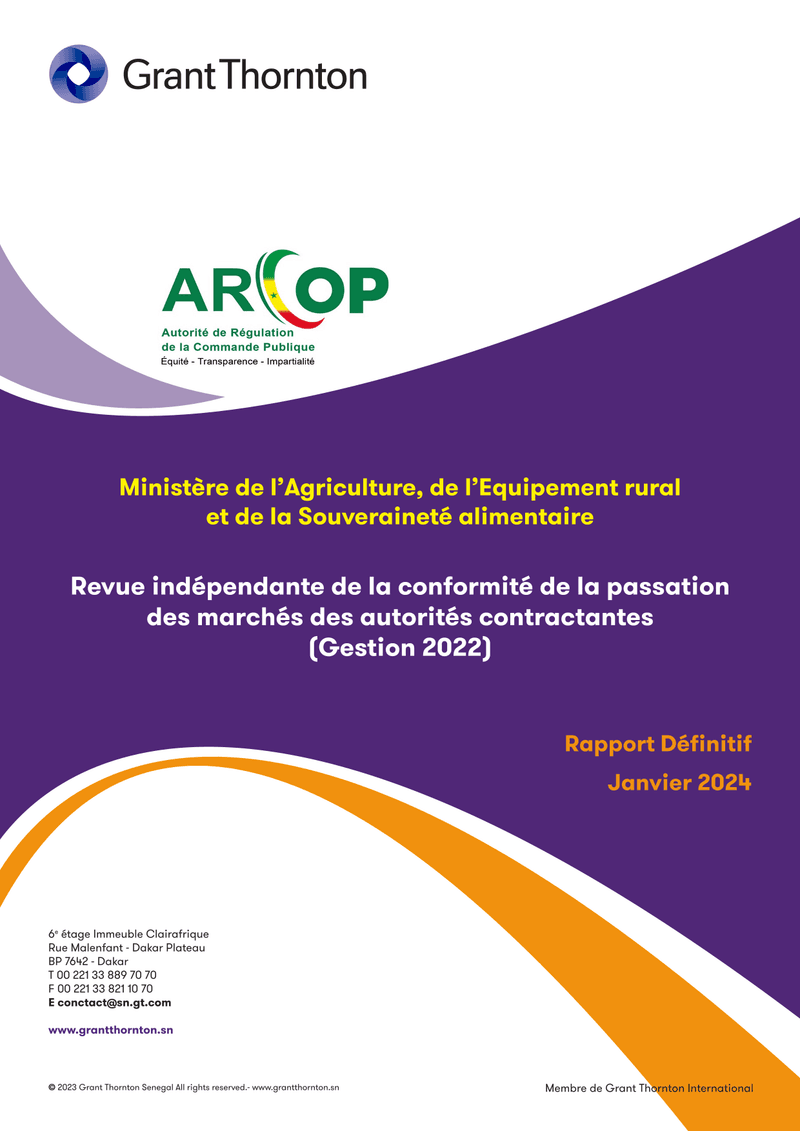 Rapport définitif de revue indépendante de la passation des marchés publics 2022 du Ministère de l’Agriculture, de l’Équipement rural et de la Souveraineté alimentaire – ARCOP