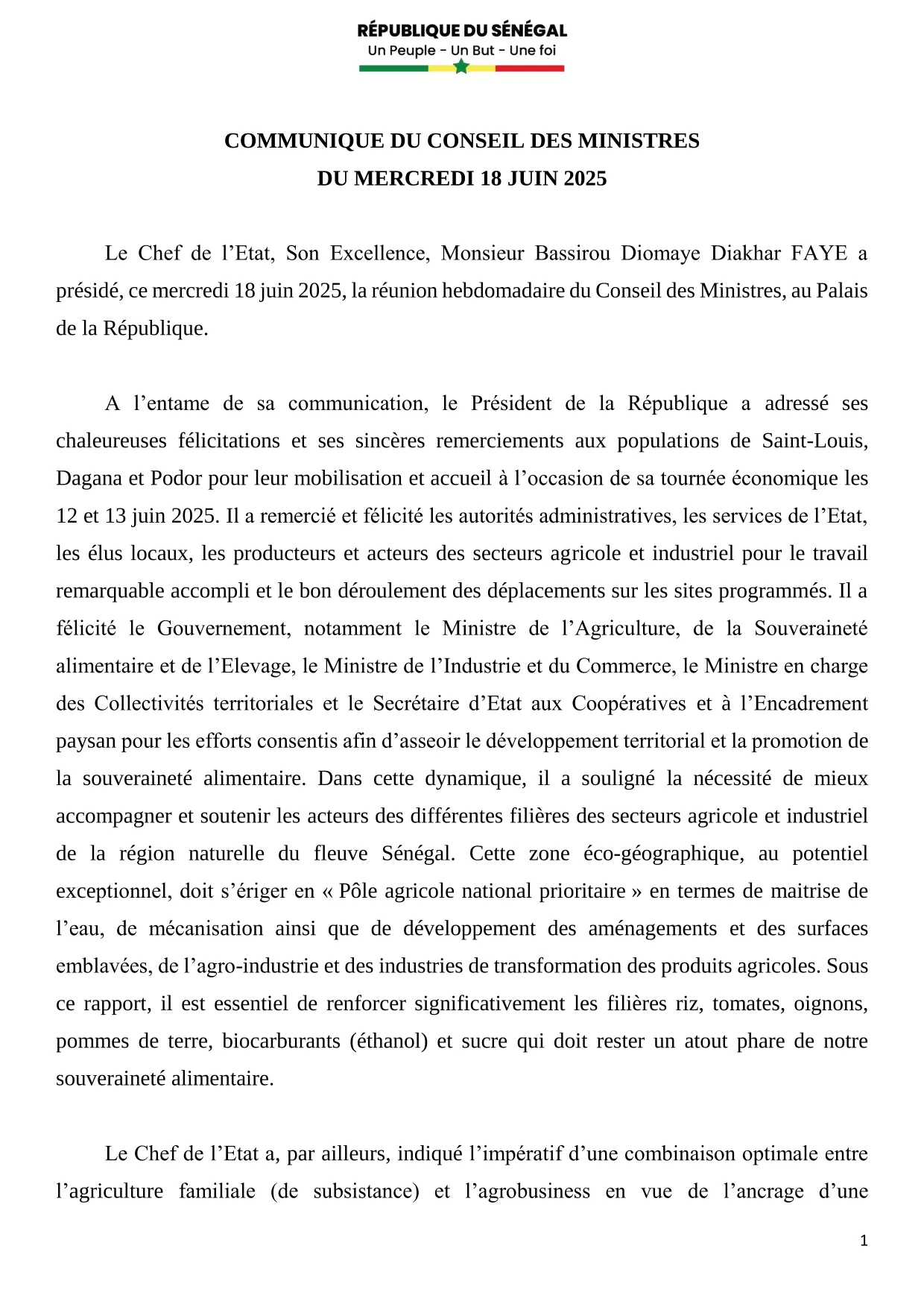 Conseil des ministres du mercredi 18 Juin 2025