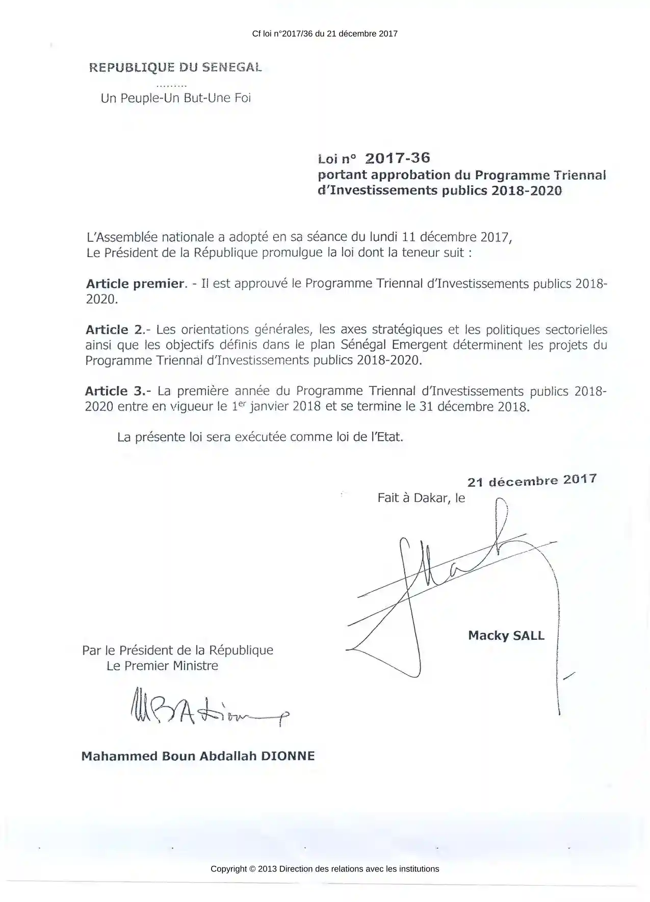 Loi n° 2017-36 portant approbation du Programme Triennal d'Investissements publics 2018-2020 et Loi