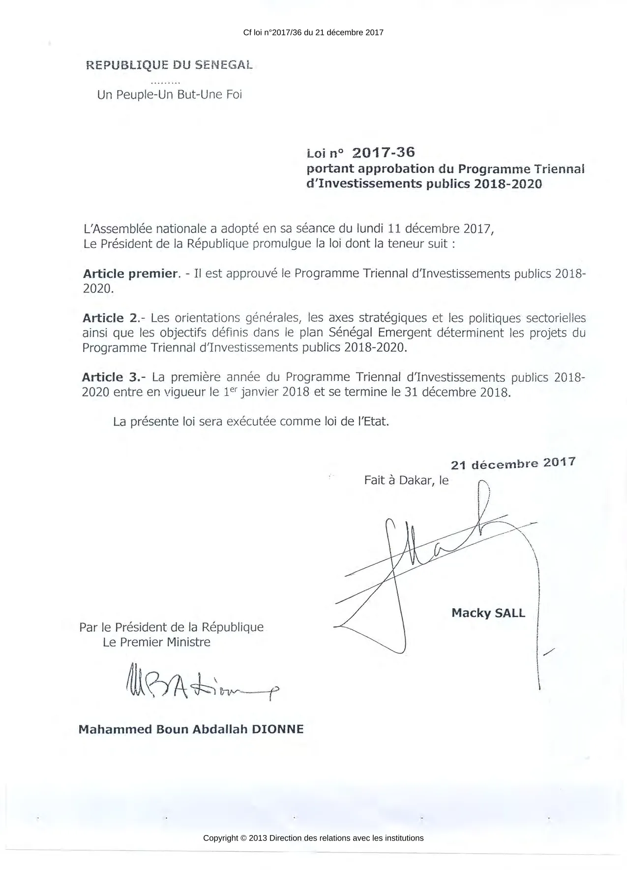 Loi n° 2017-36 portant approbation du Programme Triennal d'Investissements publics 2018-2020 et Loi 