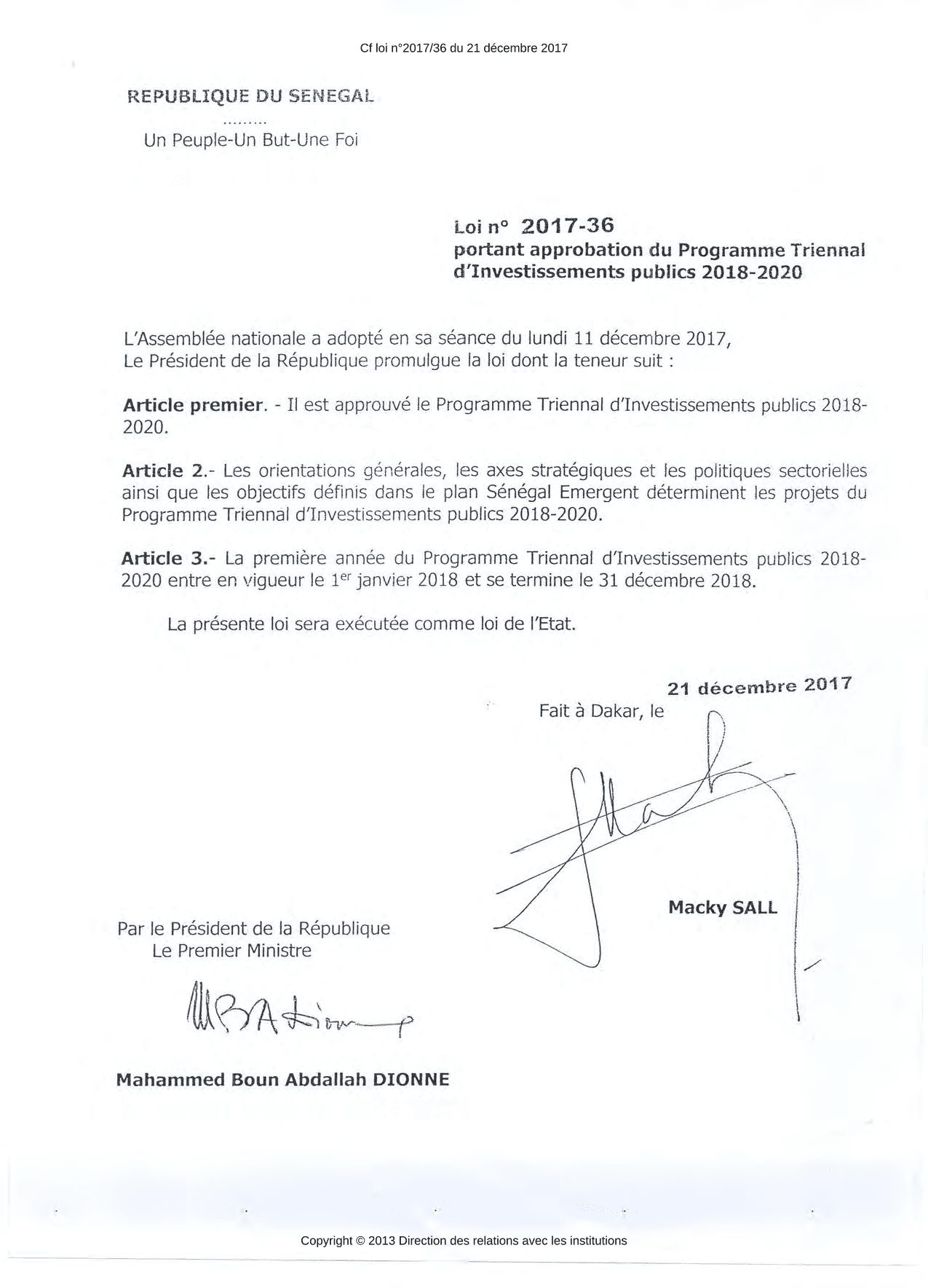 Loi n° 2017-36 portant approbation du Programme Triennal d'Investissements publics 2018-2020 et Loi 
