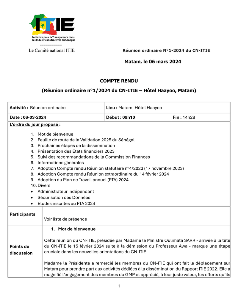 Compte rendu de la réunion ordinaire n°1/2024 du 6 mars 2024 sur la Validation 2025, le Rapport ITIE 2022 et le PTA 2024 à Matam – Comité national ITIE
