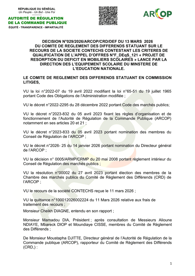 Décision n°029/2026/ARCOP/CRD/DEF sur le recours de CONTECHS contre l’appel d’offres F_DEqS_121 – AR