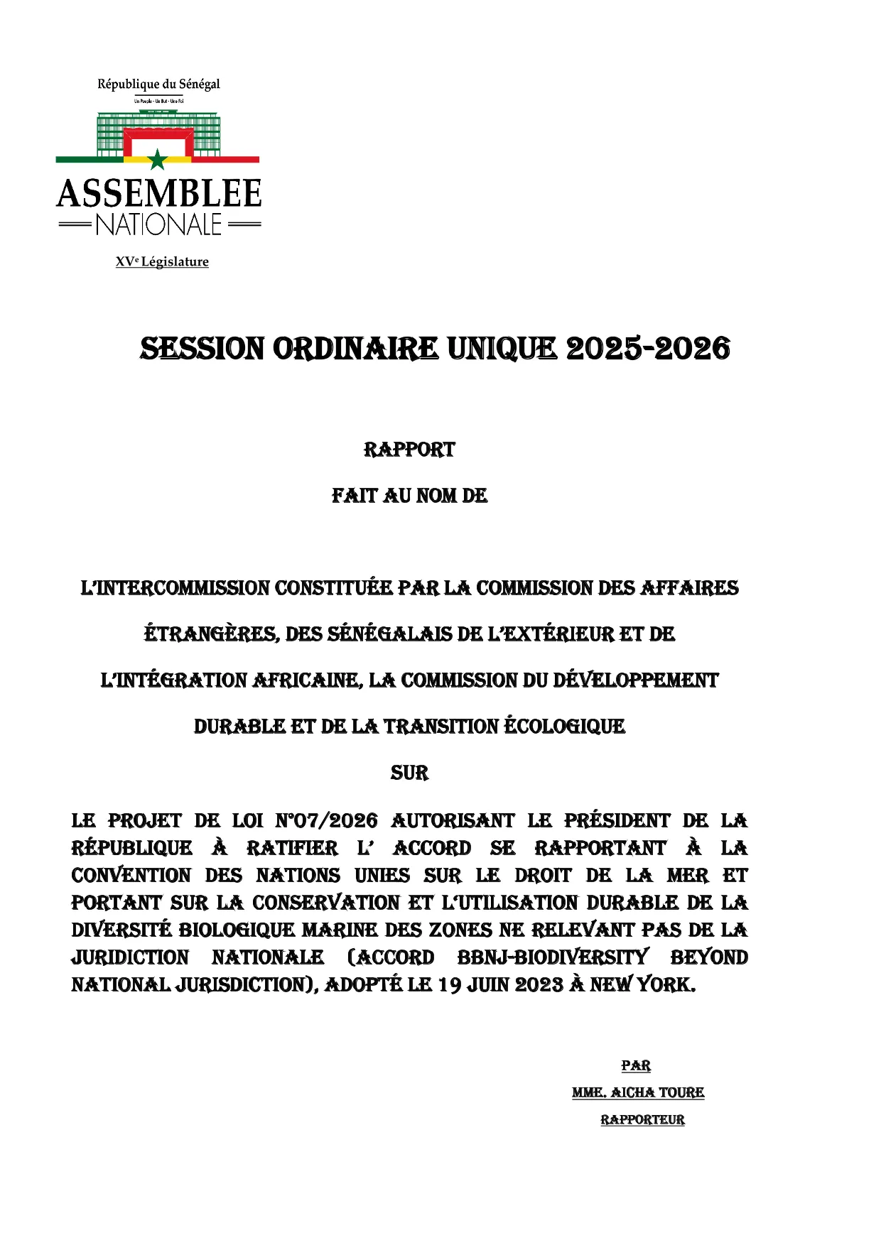 Rapport projet de loi n°07/2026 autorisant la ratification de l'Accord BBNJ sur la biodiversité marine au-delà des juridictions nationales – Assemblée nationale du Sénégal