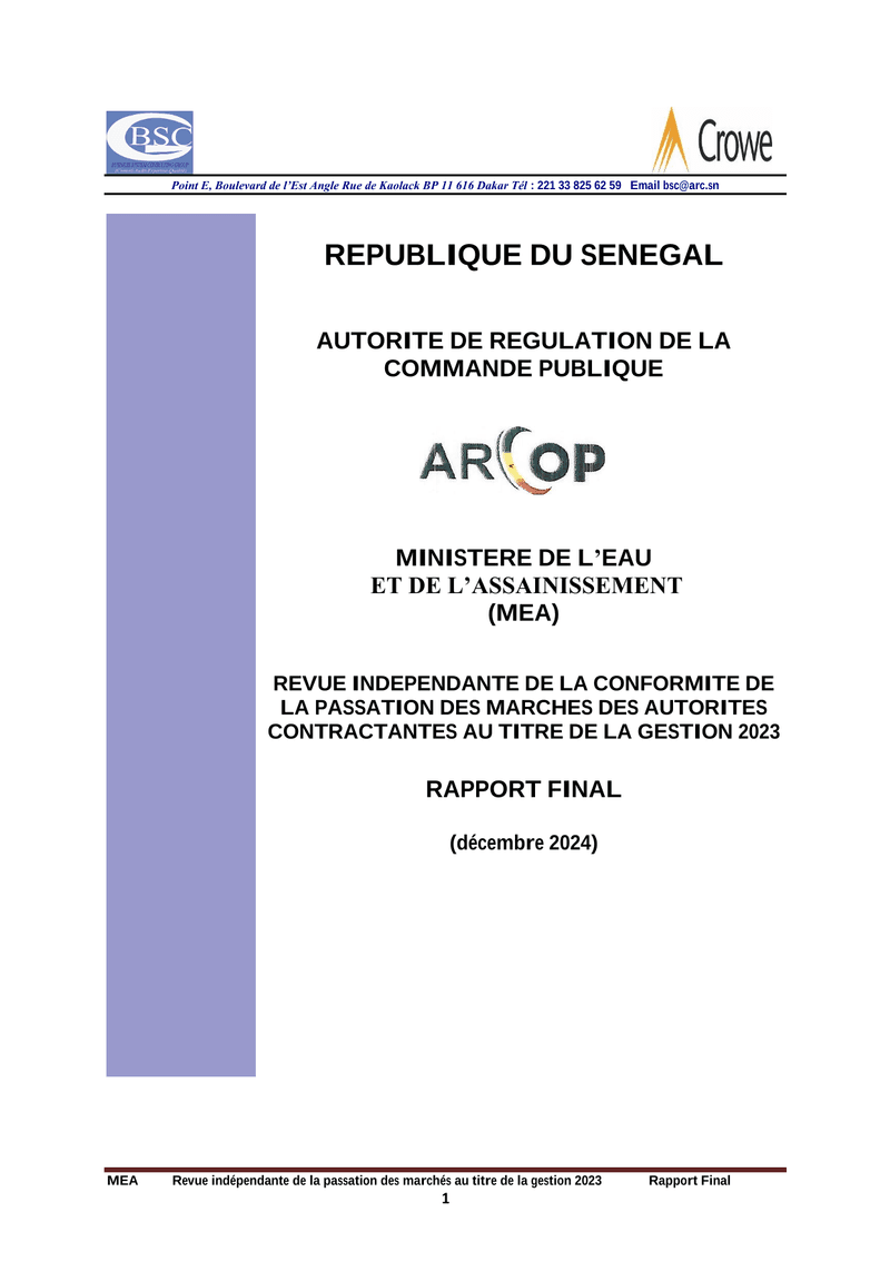 Rapport d’audit de décembre 2024 sur la conformité de la passation des marchés 2023 du Ministère de l’Eau et de l’Assainissement – ARCOP