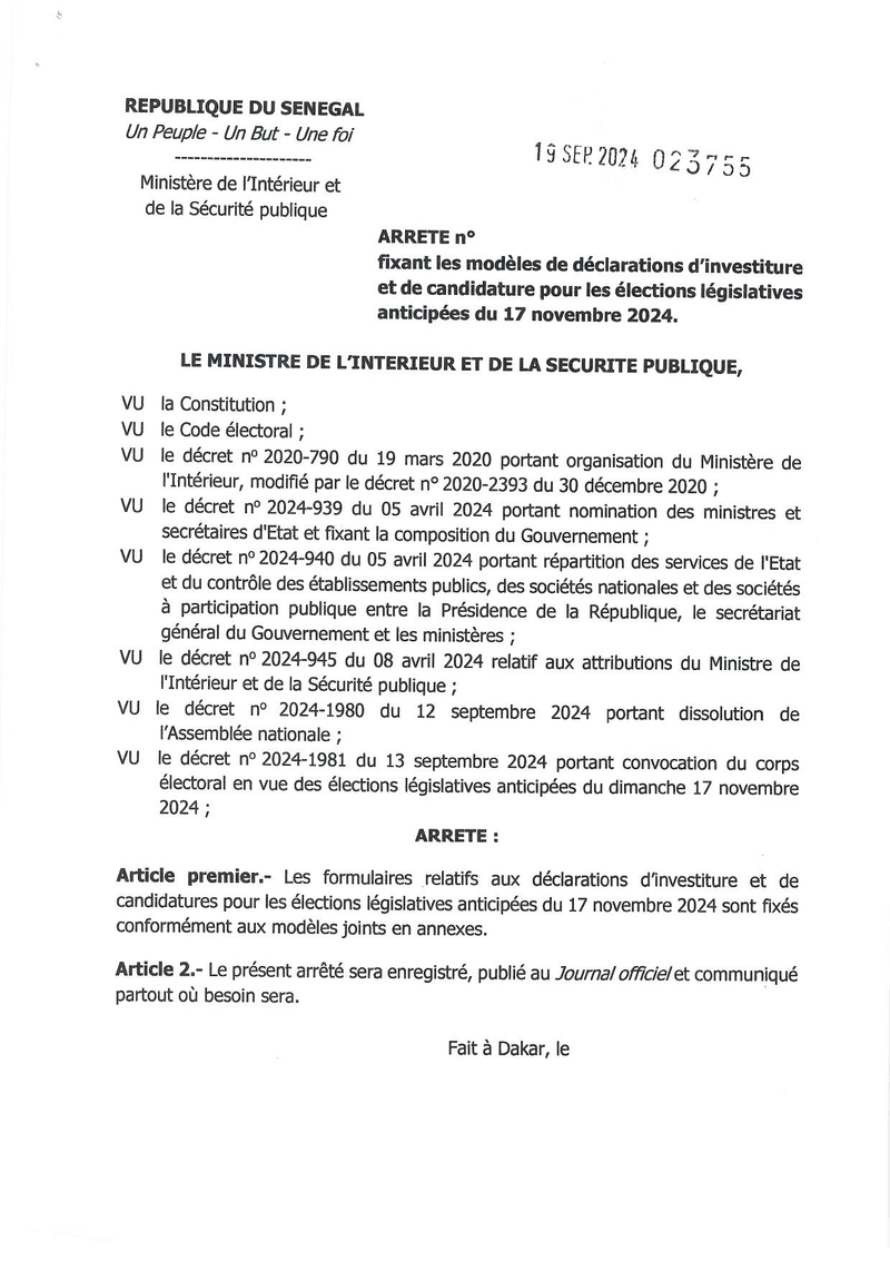 Arrêté fixant les modèles de déclarations d'investiture et de candidature pour les élections législatives anticipées du 17 novembre 2024 – Ministère de l'Intérieur et de la Sécurité publique