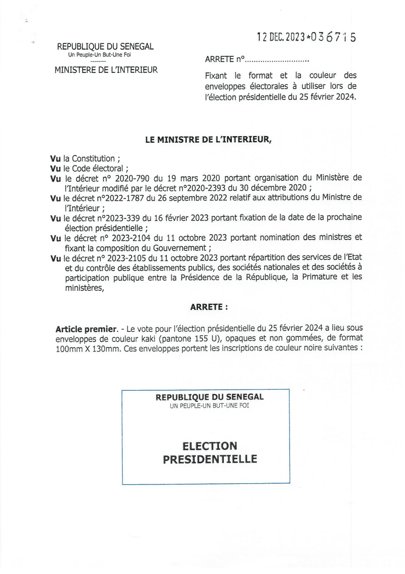 Arrêté n° 036715 fixant le format et la couleur des enveloppes électorales pour l’élection présidentielle du 25 février 2024 – Ministère de l’Intérieur