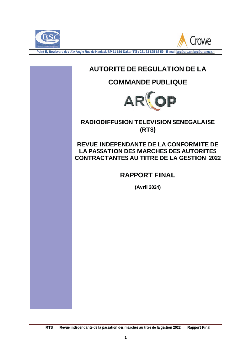 Rapport final d’audit de conformité de la passation des marchés publics de la Radiodiffusion Télévision Sénégalaise en 2022 – ARCOP