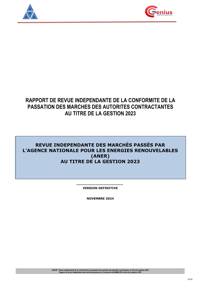 Rapport d’audit de conformité du 26 novembre 2024 sur les marchés publics de l’Agence nationale pour les énergies renouvelables (ANER), gestion 2023 – ARCOP