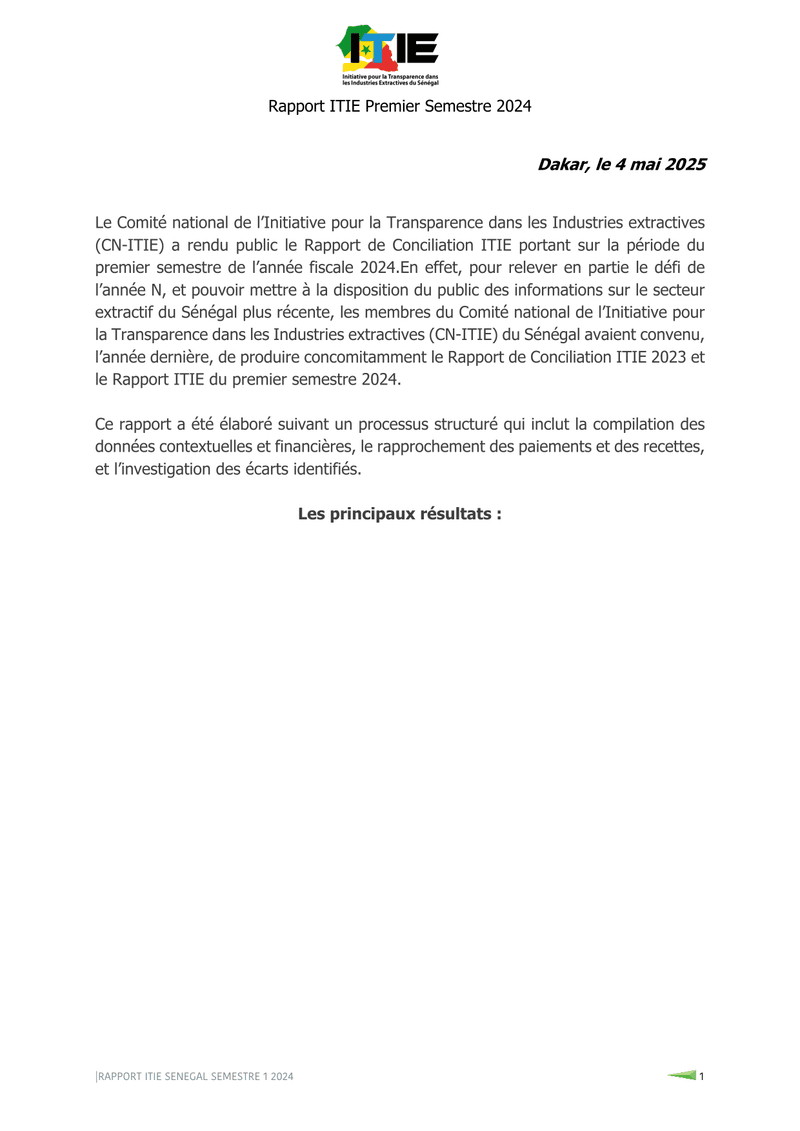 Rapport ITIE du premier semestre 2024 sur les chiffres clés du secteur extractif au Sénégal – Comité national de l’Initiative pour la transparence dans les industries extractives (ITIE)