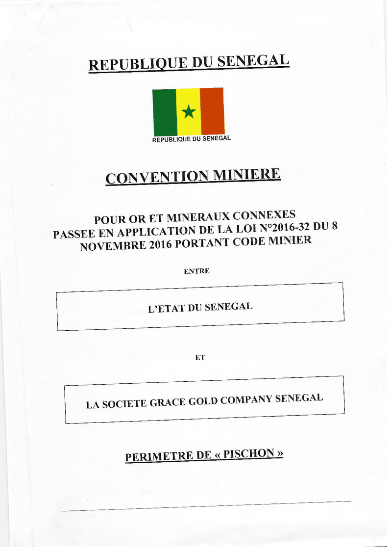 Convention minière entre l’État du Sénégal et Grace Gold Company Senegal pour la recherche et l’exploitation éventuelle d’or à Pischon (Kédougou) – Ministère des Mines et de la Géologie
