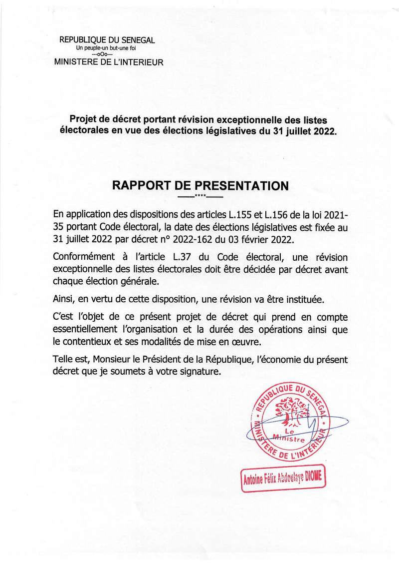 Décret n°2022-240 portant révision exceptionnelle des listes électorales en vue des élections législatives du 31 juillet 2022 – Président de la République