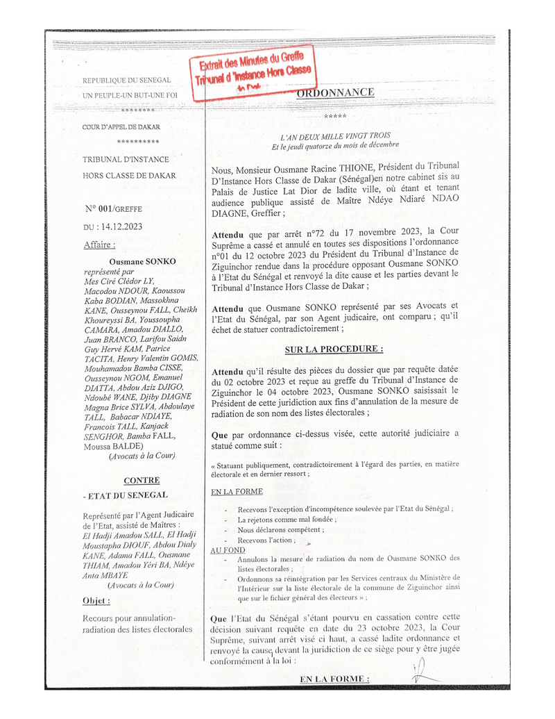 Ordonnance n°001/GREFFE du 14 décembre 2023 relative à l’annulation de la radiation des listes électorales d’Ousmane Sonko – Tribunal d’Instance Hors Classe de Dakar