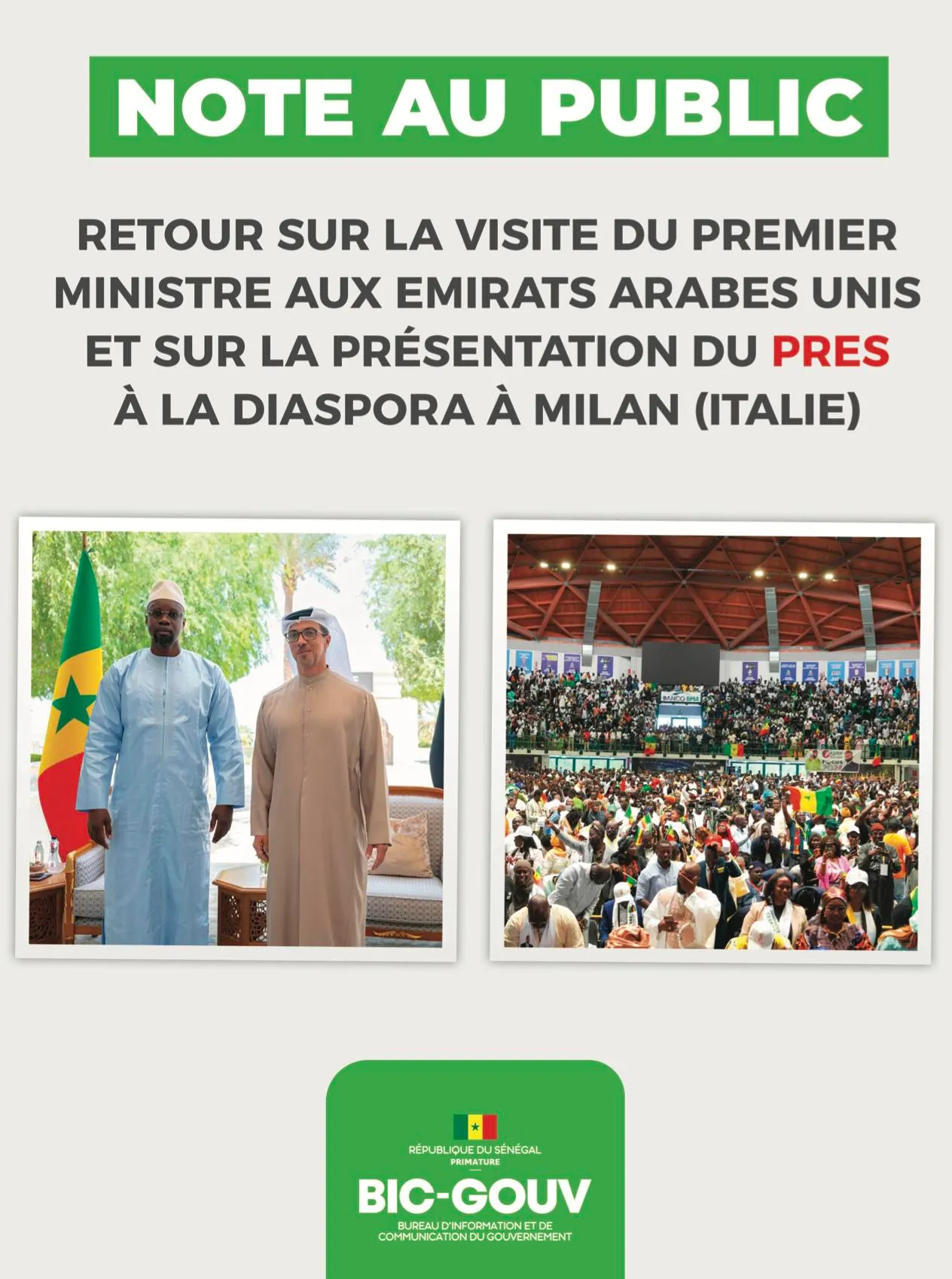 Note au Public - Visite du Premier ministre Ousmane SONKO aux Émirats arabes unis et Présentation du Plan de redressement économique et social à la Diaspora à Milan (Italie)