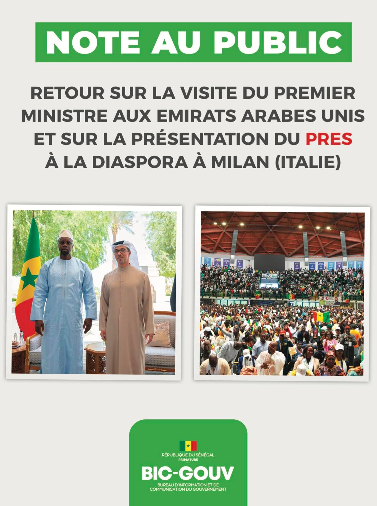 Note au Public - Visite du Premier ministre Ousmane SONKO aux Émirats arabes unis et Présentation du Plan de redressement économique et social à la Diaspora à Milan (Italie)