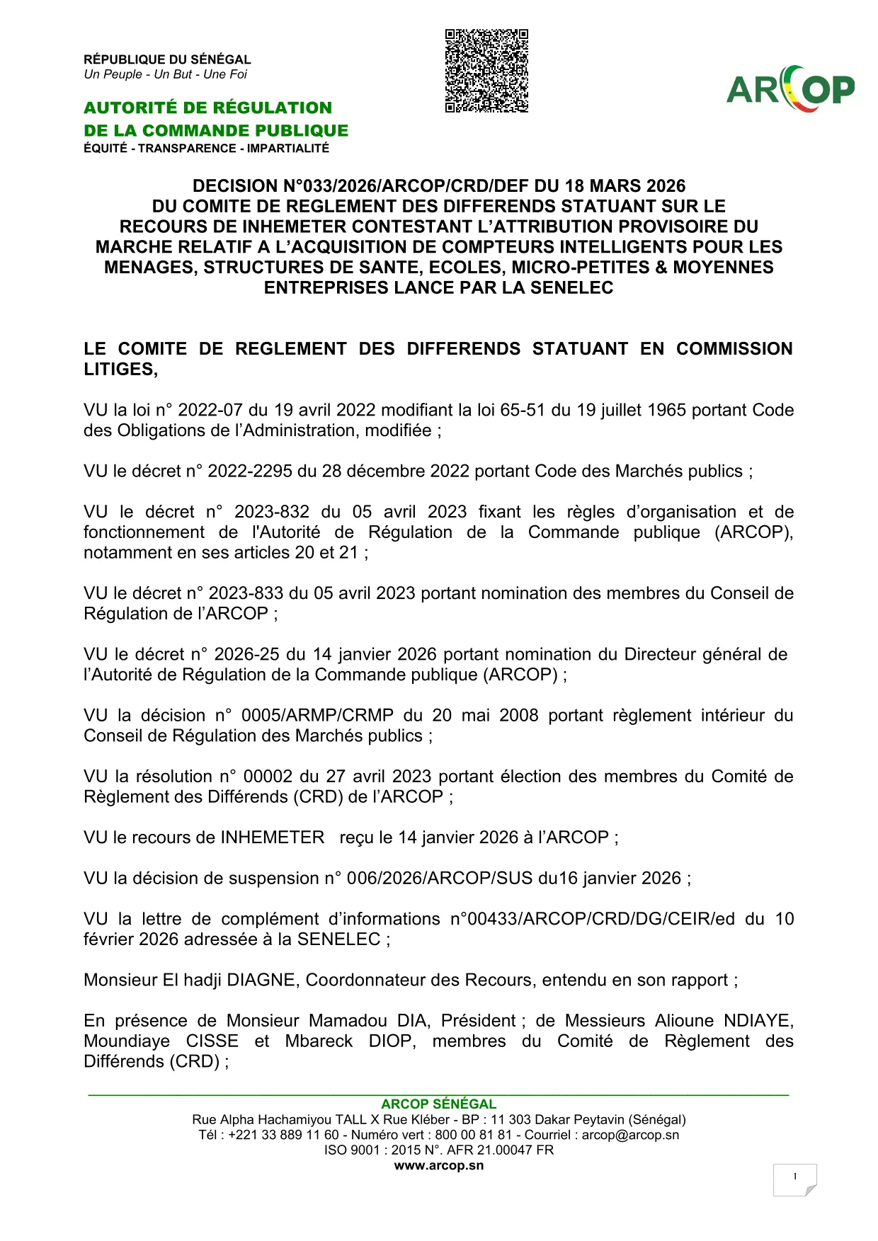 Décision n°033/2026/ARCOP/CRD/DEF sur le recours d’INHEMETER contre l’attribution du marché de compt