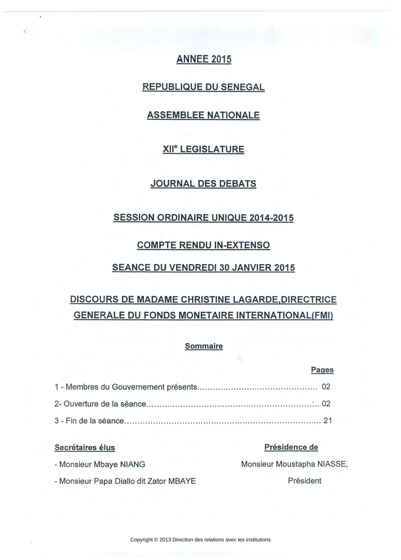 Discours de Madame Christine Lagarde, Directrice Générale du FMI