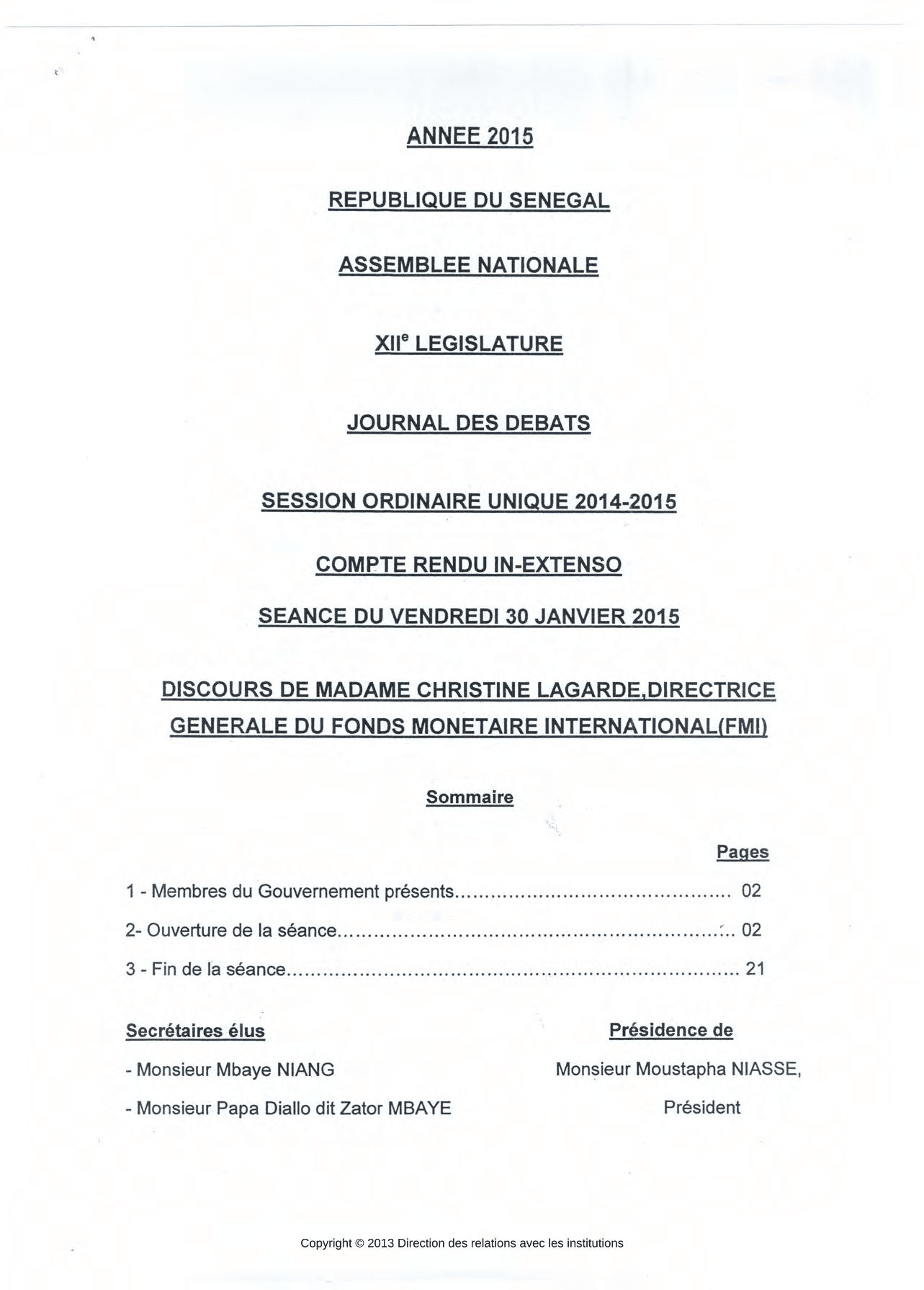Discours de Madame Christine Lagarde, Directrice Générale du FMI